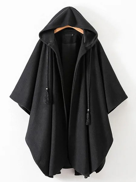 Milanoo Women Poncho Hooded Black Poncho Oversized Tassels Cape