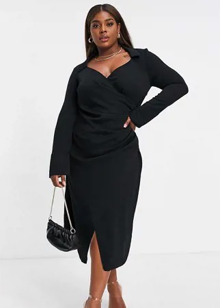 Черное платье миди с запахом и драпировкой спереди в стиле 70-х ASOS DESIGN Curve-Черный цвет