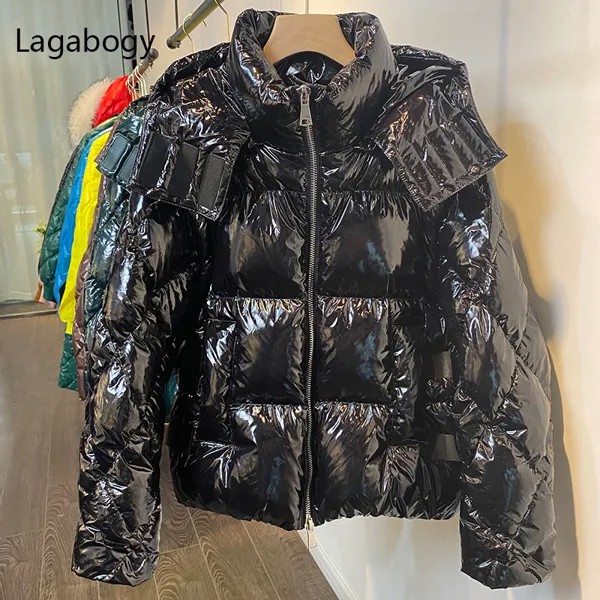 Новинка 2021, зимние женские пальто Lagabogy с капюшоном на 90% белом утином пуху, съемные глянцевые парки, женские водонепроницаемые пуховики