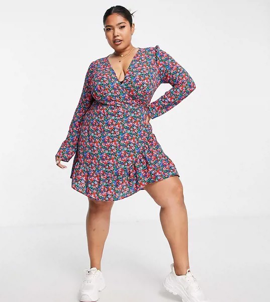 Платье мини с запахом и цветочным принтом ASOS DESIGN Curve-Разноцветный