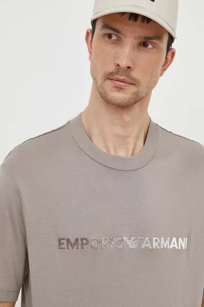 Хлопковая футболка Emporio Armani, бежевый