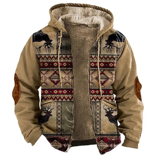 Мужская куртка с капюшоном Vintage Western Ethnic Print Fleece Full Zip Hoodie Khaki