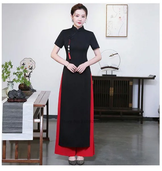 Традиционное восточное платье-Ципао aodai 2022, комплект из платья аозай + брюк, женское винтажное платье из Вьетнама, элегантное вечернее плать...