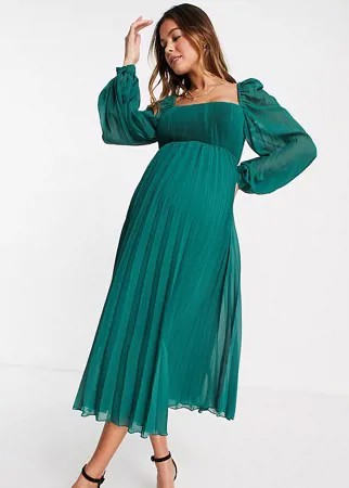 Платье миди темно-зеленого цвета с расклешенной юбкой, плиссировкой и квадратным вырезом ASOS DESIGN Maternity-Зеленый цвет