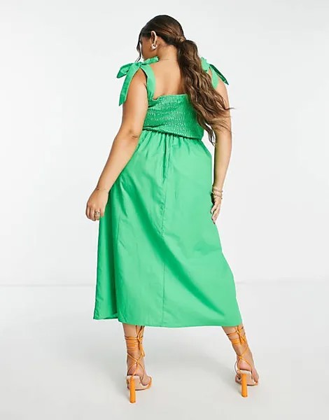 Ярко-зеленое платье миди с присборенными плечами Never Fully Dressed Plus
