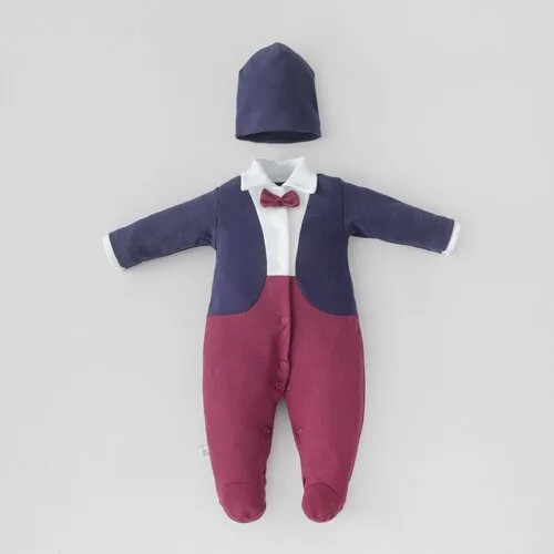 Комплект одежды  KinDerlitto для мальчиков, комбинезон и шапка, нарядный стиль, застежка под подгузник, трикотажный, размер 18, бордовый, синий