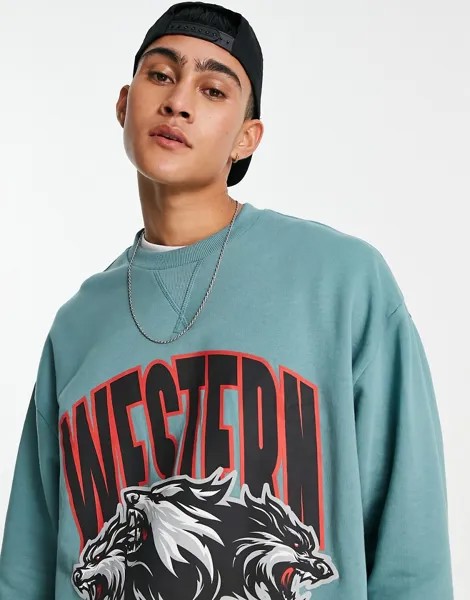 Голубой oversized-свитшот с принтом с волками в университетском стиле ASOS DESIGN