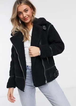 Черная куртка авиатор с искусственным мехом New Look-Черный цвет