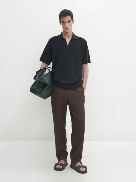 Трикотажная рубашка-поло с тканевой деталью Massimo Dutti, синий