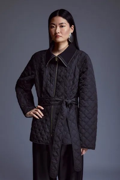 Высокое стеганое пальто с баской и поясом Karen Millen, черный