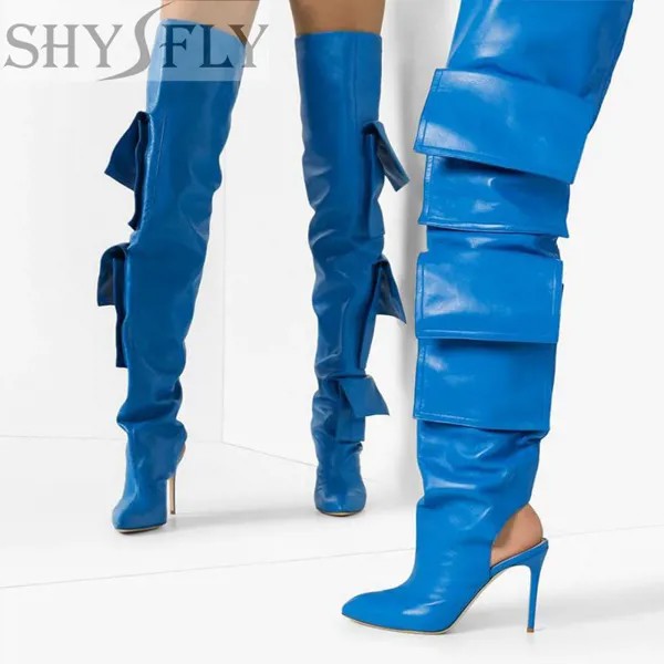 Женские ботфорты с острым носком, голубые модные модельные Сапоги выше колена с карманами на каблуке-шпильке, 2021