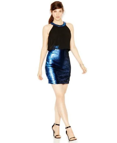 GUESS NWT Изысканное черное/кобальтово-синее коктейльное платье с пайетками и бретелькой на шее, размер 0, 2