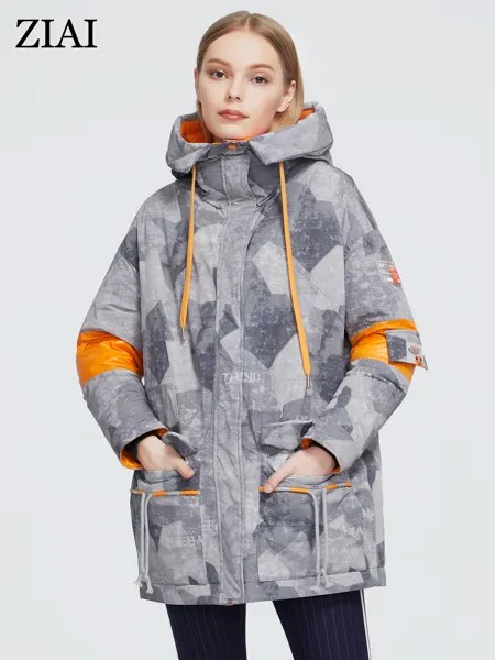 Зимняя женская парка ziai с карманами, модная женская камуфляжная Длинная женская куртка, удобная контрастная Женская Офисная AR-7222