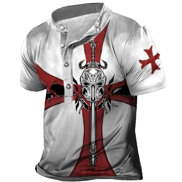 Мужская винтажная футболка с принтом Templar Cross Henley Collar