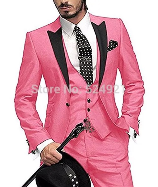 Облегающие мужские смокинги кораллового цвета для жениха пиковые черные мужские костюмы с лацканами Свадебный блейзер для лучшего человека (пиджак + брюки + жилет + галстук) C300