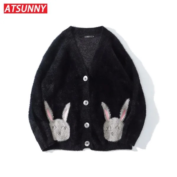 Милый вязаный свитер ATSUNNY с мультяшным Кроликом, утепленные свитеры в стиле хип-хоп ретро в стиле кампуса, одежда в стиле Харадзюку на осень и зиму