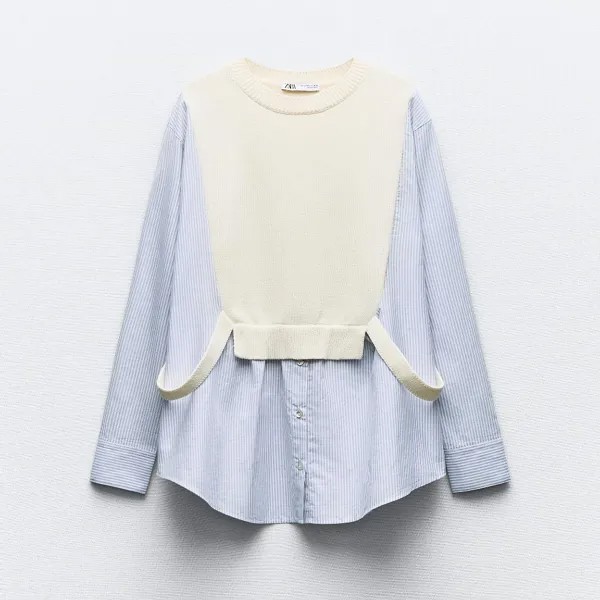 Комбинированная рубашка Zara Contrast Knit, кремовый/синий