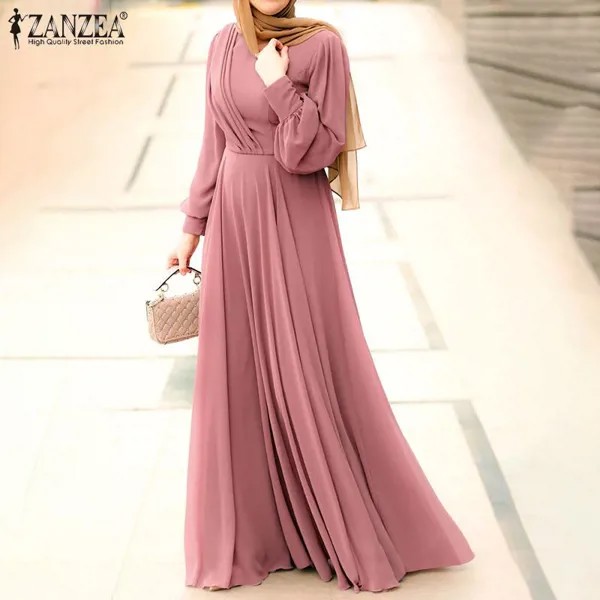 ZANZEA Женское повседневное плиссированное длинное платье с длинным рукавом с длинным рукавом с О-образным вырезом