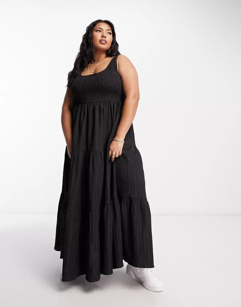 Черный сарафан макси с овальным вырезом и сборками ASOS DESIGN Curve