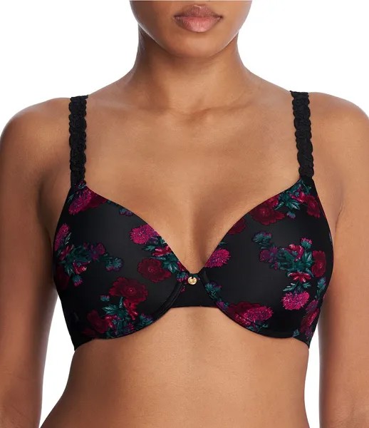 Natori Pure Luxe Бесшовный бюстгальтер-футболка на косточках с U-образным вырезом и цветочным принтом, черный
