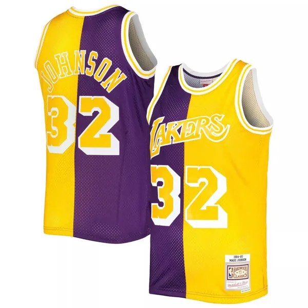 Мужская майка Mitchell & Ness Magic Johnson фиолетово-золотая Los Angeles Lakers Hardwood Classics 1984-85 Split Swingman Джерси