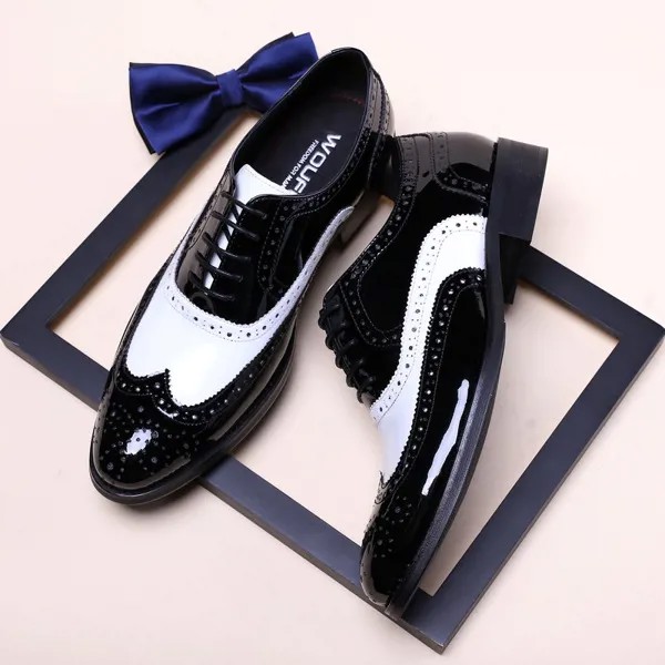 Мужские черные, белые классические туфли Wingtip, оксфорды для зрителя, мужская обувь, коричневые мужские костюмные броги, обувь для жениха, Сва...