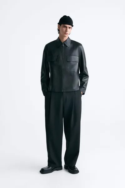 Кожаный пиджак ZARA, черный