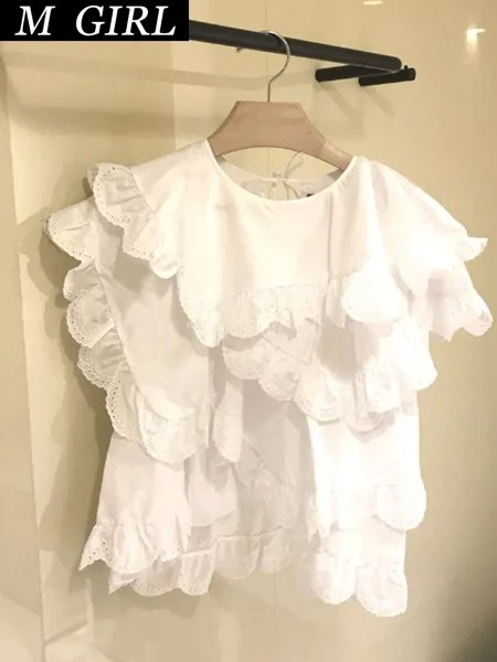 Элегантная рубашка для девушек с кружевными вставками и асимметричным подолом Женская милая однотонная универсальная короткая блузка с круглым вырезом Корейская популярная в Instagram
