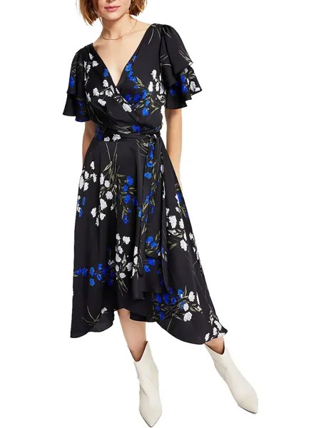 Женское платье миди с запахом и поясом DKNY, цвет Cobalt Multi