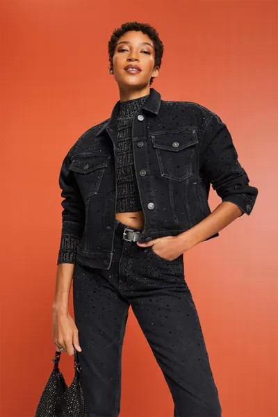 Свободная джинсовая куртка с декоративными камнями Esprit, черный