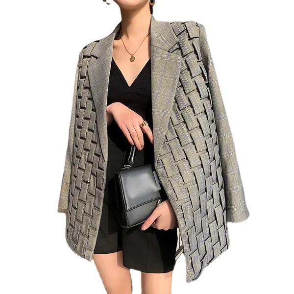 Корейский серый клетчатый пиджак для женщин, новинка сезона осень 2021, шикарное приталенное пальто, элегантный плиссированный кардиган с об...