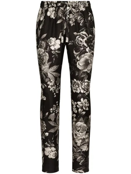 Dolce & Gabbana шелковые спортивные брюки с цветочным принтом, черный