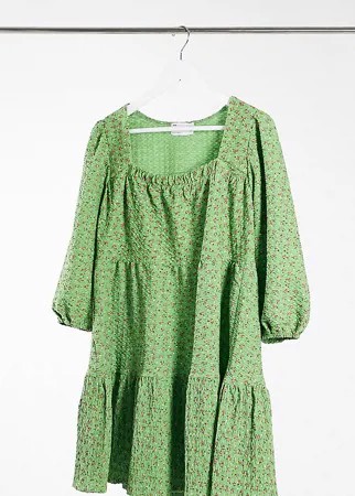 Многоярусное свободное платье мини с квадратным вырезом в зеленом цвете с цветочным принтом ASOS DESIGN Tall-Зеленый