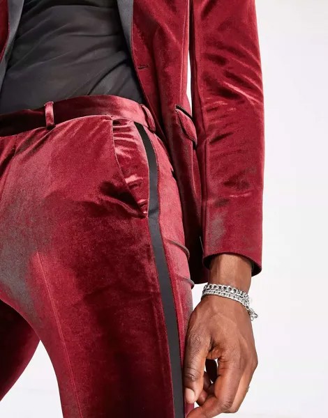 Бордовые бархатные брюки-смокинги ASOS