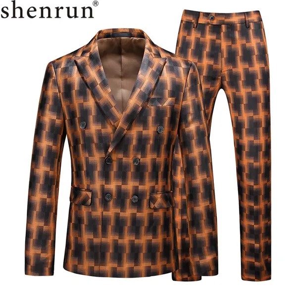 Мужской Модный облегающий костюм Shenrun в клетку, свадебные костюмы, деловые, повседневные, офисные, деловые, вечерние, для выпускного вечера, ярко-оранжевые, синие