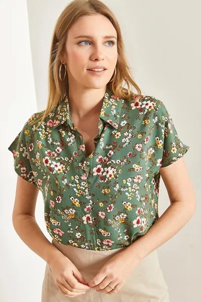 Женская вискозная рубашка с коротким рукавом с рисунком SHADE, хаки