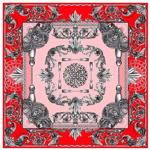 Платок Русские в моде by Nina Ruchkina, 90х90 см, красный, розовый