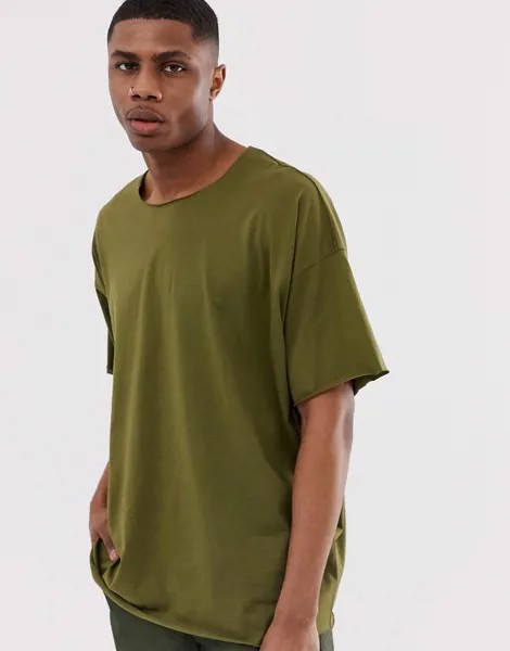 Oversize-футболка цвета хаки с необработанным воротом ASOS DESIGN-Зеленый
