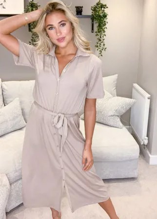 Бежевое платье-рубашка миди на пуговицах ASOS DESIGN-Коричневый