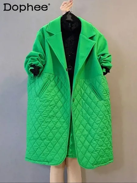 Шерстяное пальто оверсайз с ромбовидным узором, пальто с хлопковой подкладкой в стиле пэчворк, костюм средней длины, хлопковая куртка с вор...