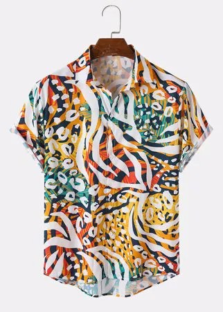Мужские Colorful Леопард Шаблон Изогнутый подол с отворотом и коротким рукавом Рубашка