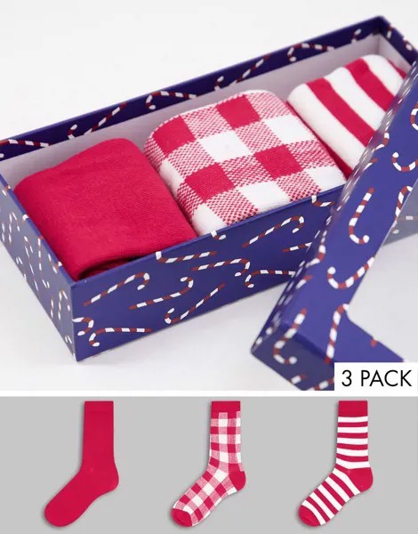 Набор из 3 пар новогодних носков в подарочной упаковке с леденцом в форме посоха Loungeable-Разноцветный