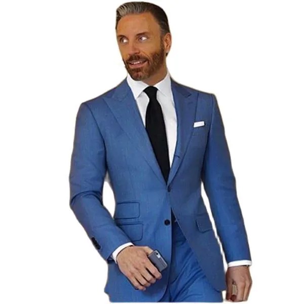 Пиковая; Голубая рубашка с отворотом и Для мужчин без бретелек сексуальное вечернее платье тостов Бизнес костюмы Красивый смокинг для жениха Customzie Размеры (пиджак + брюки + галстук-бабочка) OK-990