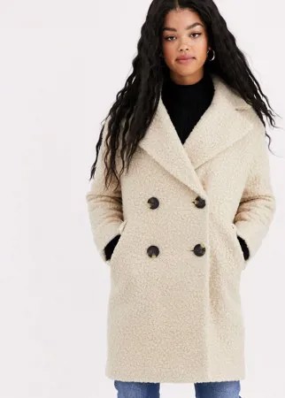 Длинное пальто кремового цвета с плюшевой текстурой Miss Selfridge-Белый