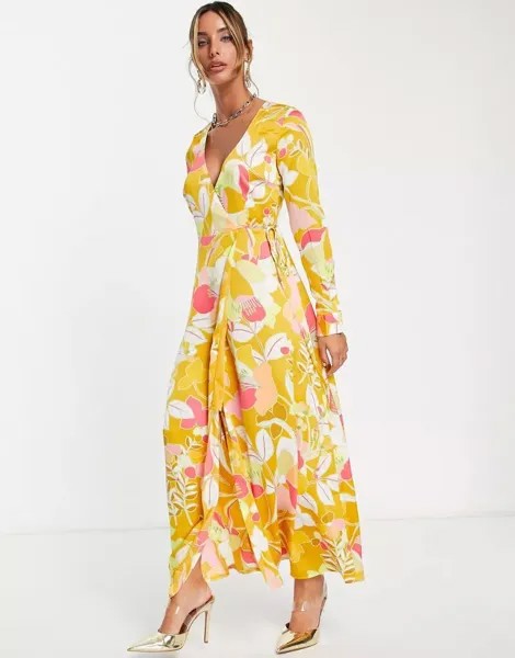 Платье миди с запахом Liquorish в стиле 70-х с цветочным принтом