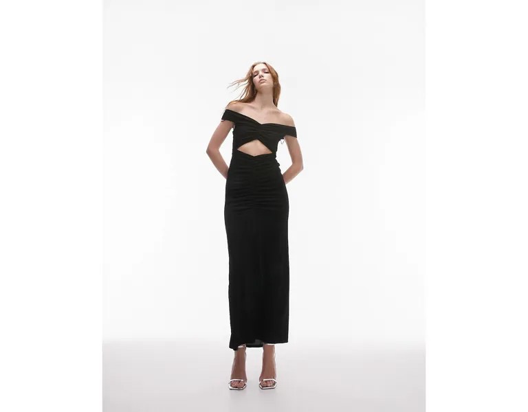 Черное платье миди из джерси с рюшами Topshop
