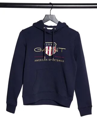Темно-синее худи с логотипом и принтом GANT-Синий