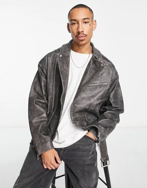 Черная кожаная байкерская куртка в стиле oversized ASOS DESIGN-Черный