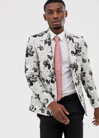 Серый зауженный пиджак с цветочным жаккардовым узором Moss London
