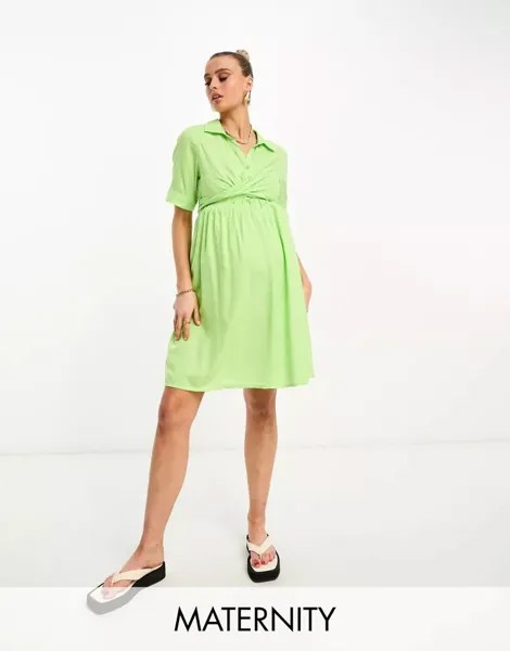 Зеленое платье-рубашка миди с запахом спереди Mama.licious Maternity; Одежда для беременных